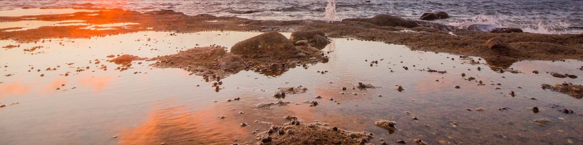 Sunset Atlantic Ocean view at Dar Bouazza rocky beach, in Casablanca south coast.
