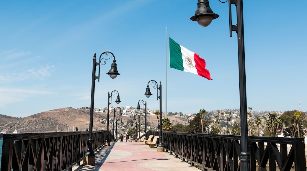 Pedestrian bridge leading to the marina and waterfront shops in Ensenada, Mexico, with a giant flag of Mexico.