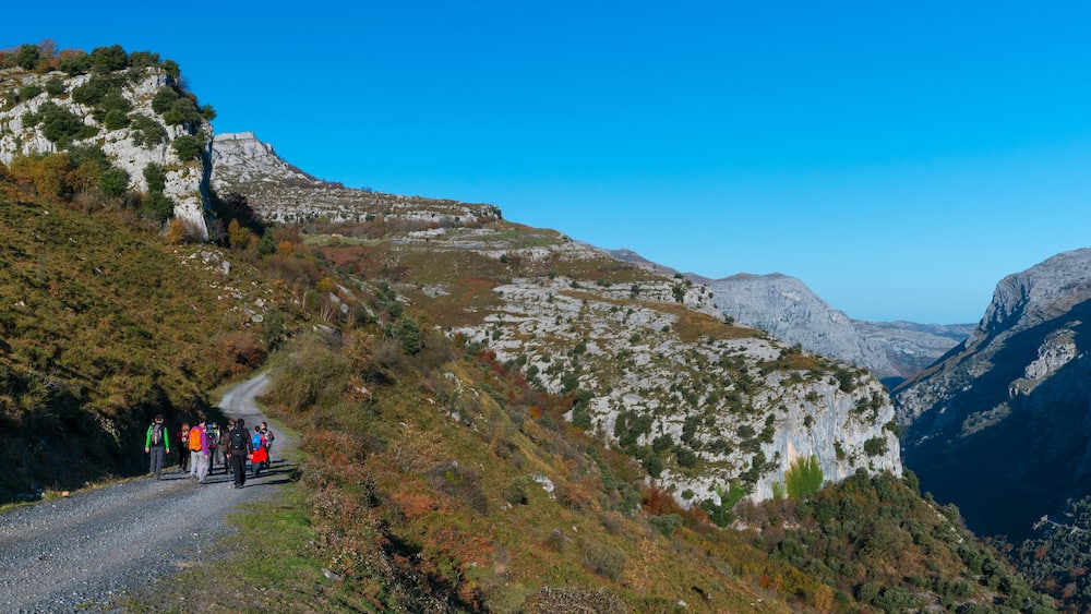 Un groupe de randonneurs sur un chemin de gravier, entouré d’un paysage montagneux.