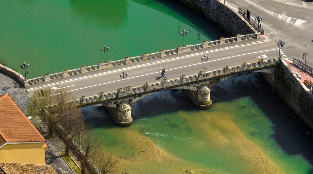 Aerial view of a bridge over the Liri river in Sora, a town Lazio, Italy, in the province of Frosinone.
