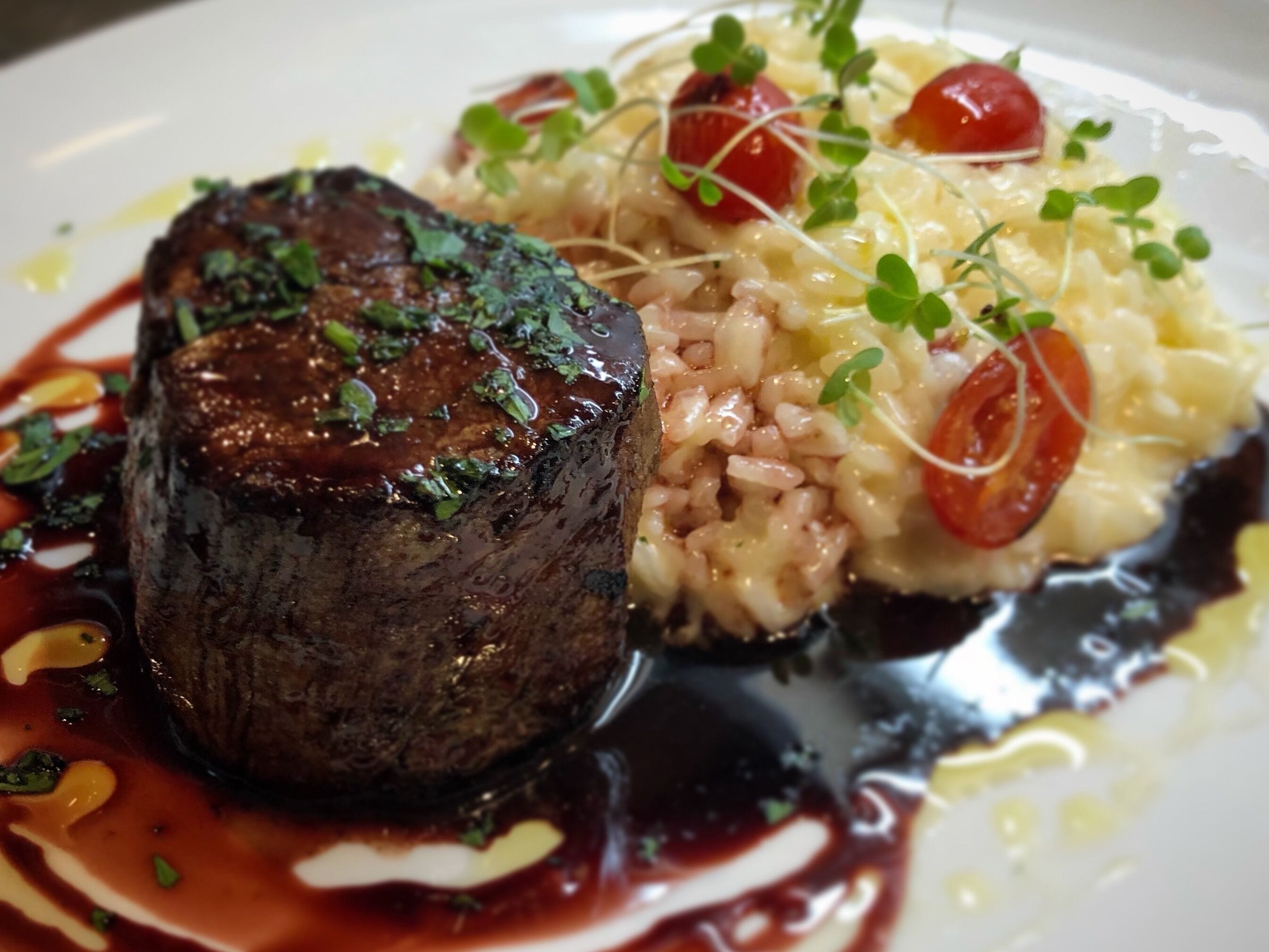 Risoto de limão siciliano e filé ao Porto
