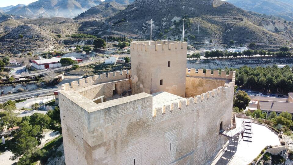 A medieval castle with a tall tower, surrounded by a fortified wall, set against a mountainous backdrop.