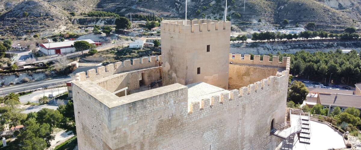 A medieval castle with a tall tower, surrounded by a fortified wall, set against a mountainous backdrop.