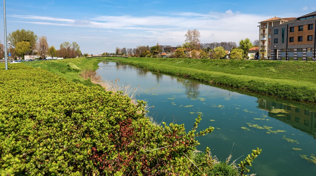 The River Monticano with the green banks in springtime, small town of Oderzo, Treviso province, Veneto, Italy, Europe.
