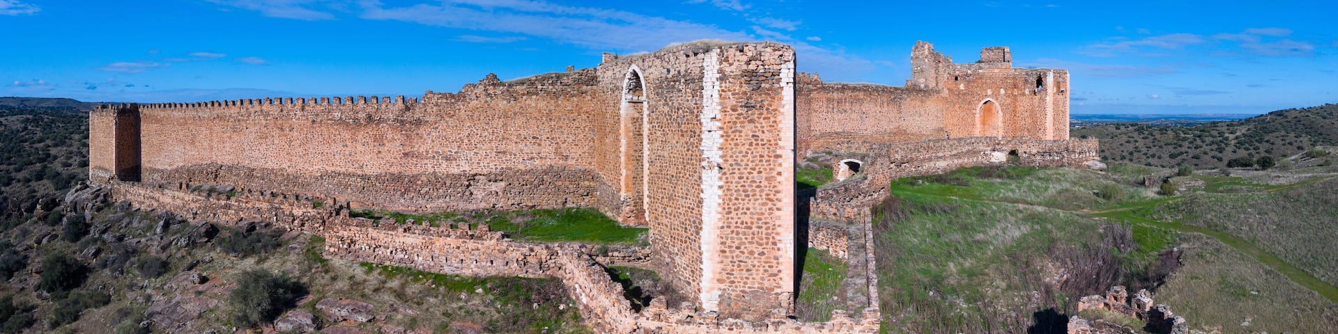 Aerial view from a drone of the landscape at Montalban Castle in San Martin de Montalban, Toledo Province, Castile-La Mancha, Spain, Europe