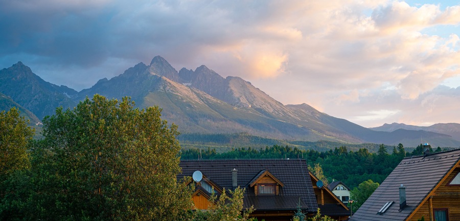 Scenic panoramic view of the high Tatra mountains in Slovakia in the early morning