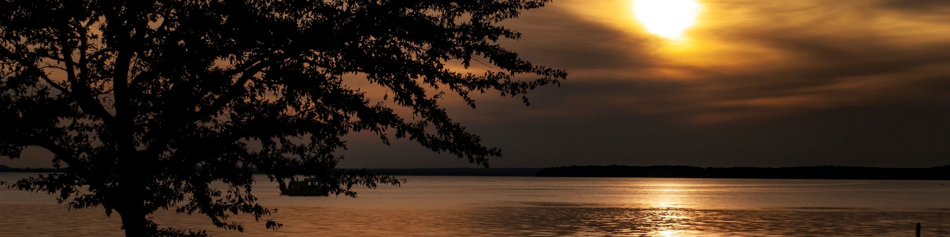 Un árbol silueteado contra un atardecer sobre un lago tranquilo con una barca a lo lejos.