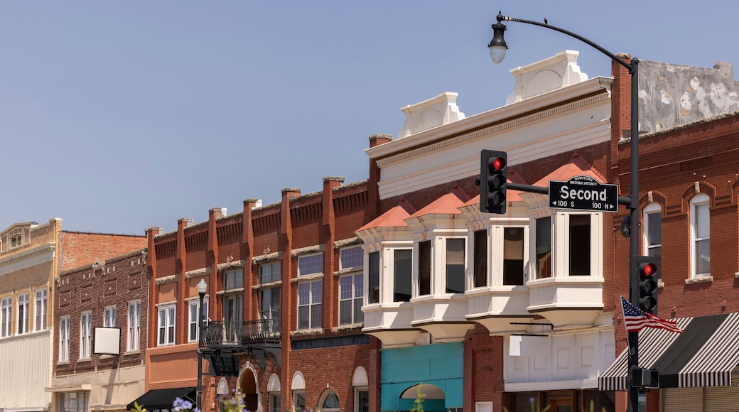 Ponca City, Oklahoma, USA - June 24, 2023: Morning sun shines on the historic downtown cityscape of Ponca City.