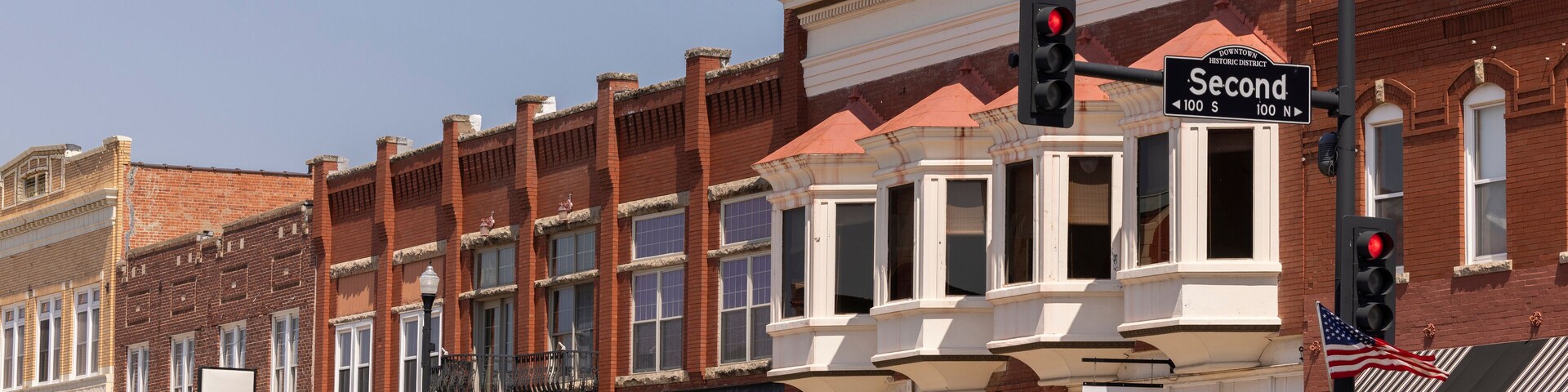 Ponca City, Oklahoma, USA - June 24, 2023: Morning sun shines on the historic downtown cityscape of Ponca City.