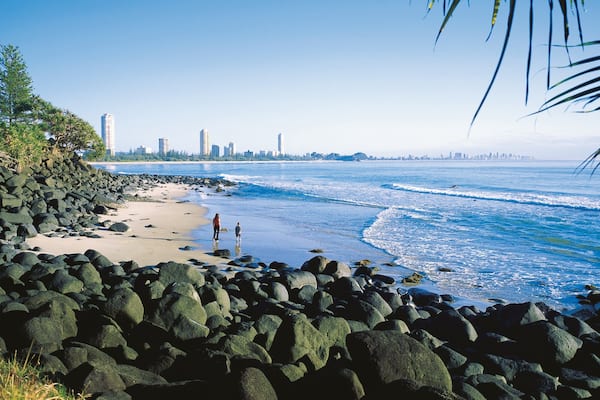 Burleigh Beach which includes island views, general coastal views and rugged coastline