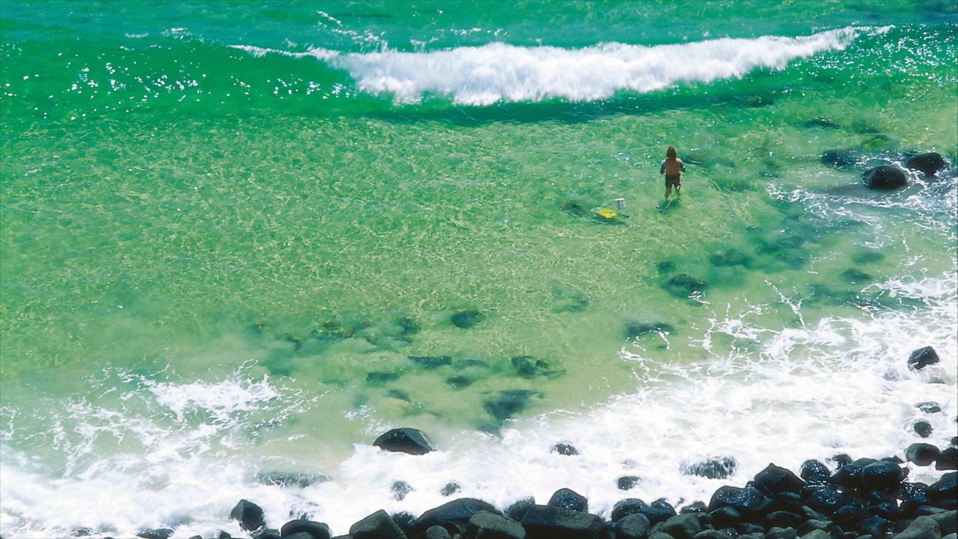 Plage de Burleigh mettant en vedette côte rocheuse aussi bien que homme