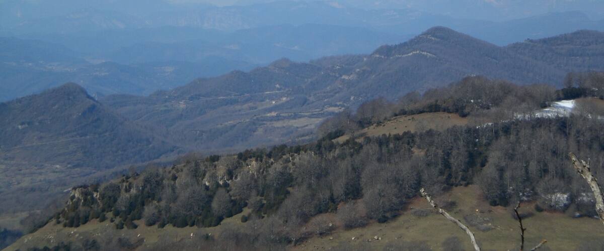 Serra d'Ensija, Pedraforca i Serra de Casí des del cim del Puigsacalm Xic (març 2011)