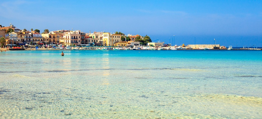 Port and beach at Mondello, Sicily.