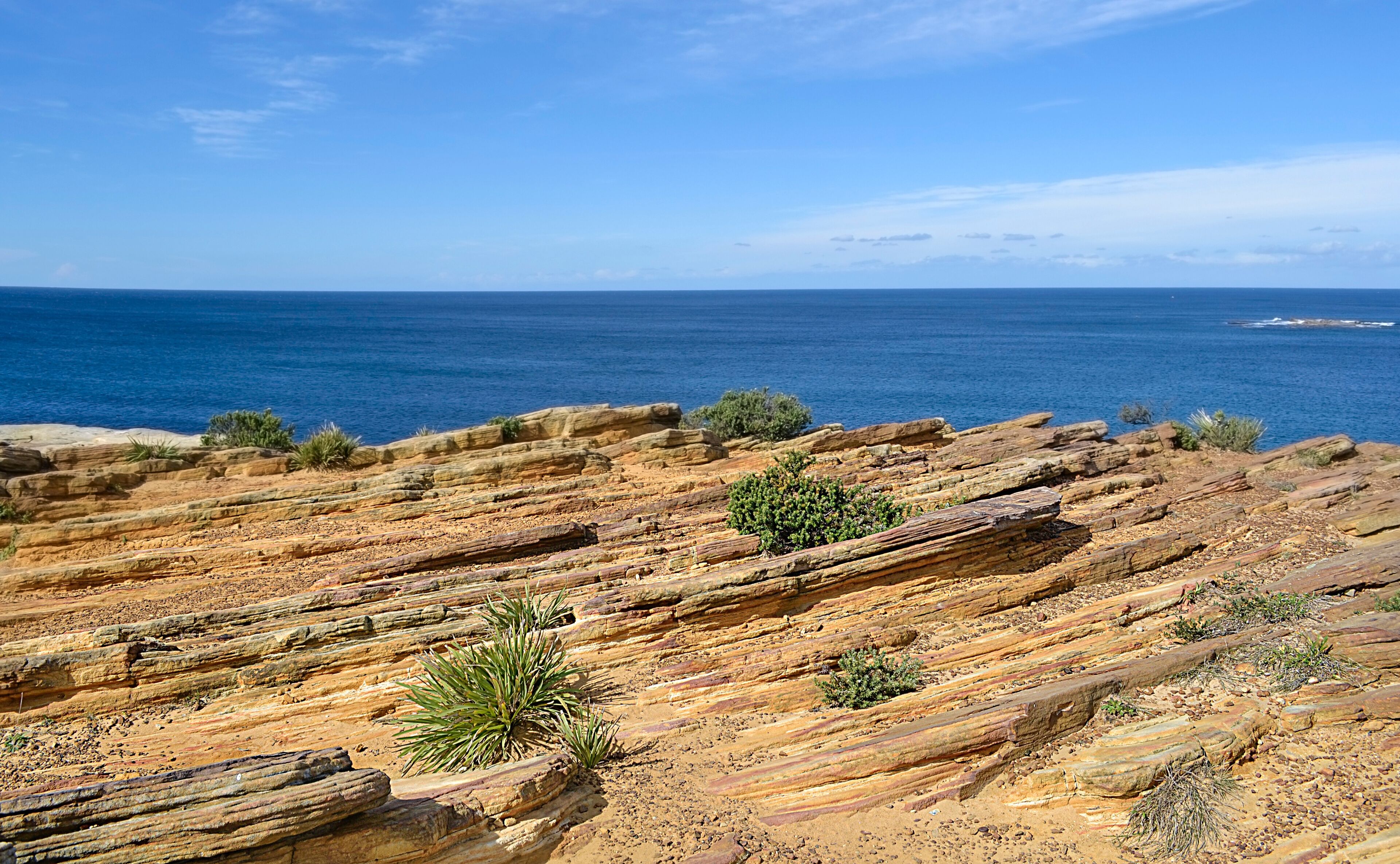 A coastal landscape with layered rock formations and sparse vegetation.