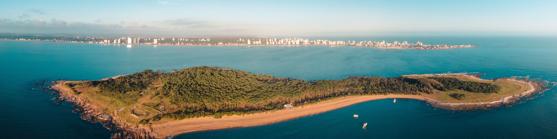 An aerial view of a coastal city with a prominent urban skyline in the background and a small island with dense vegetation in the foreground.