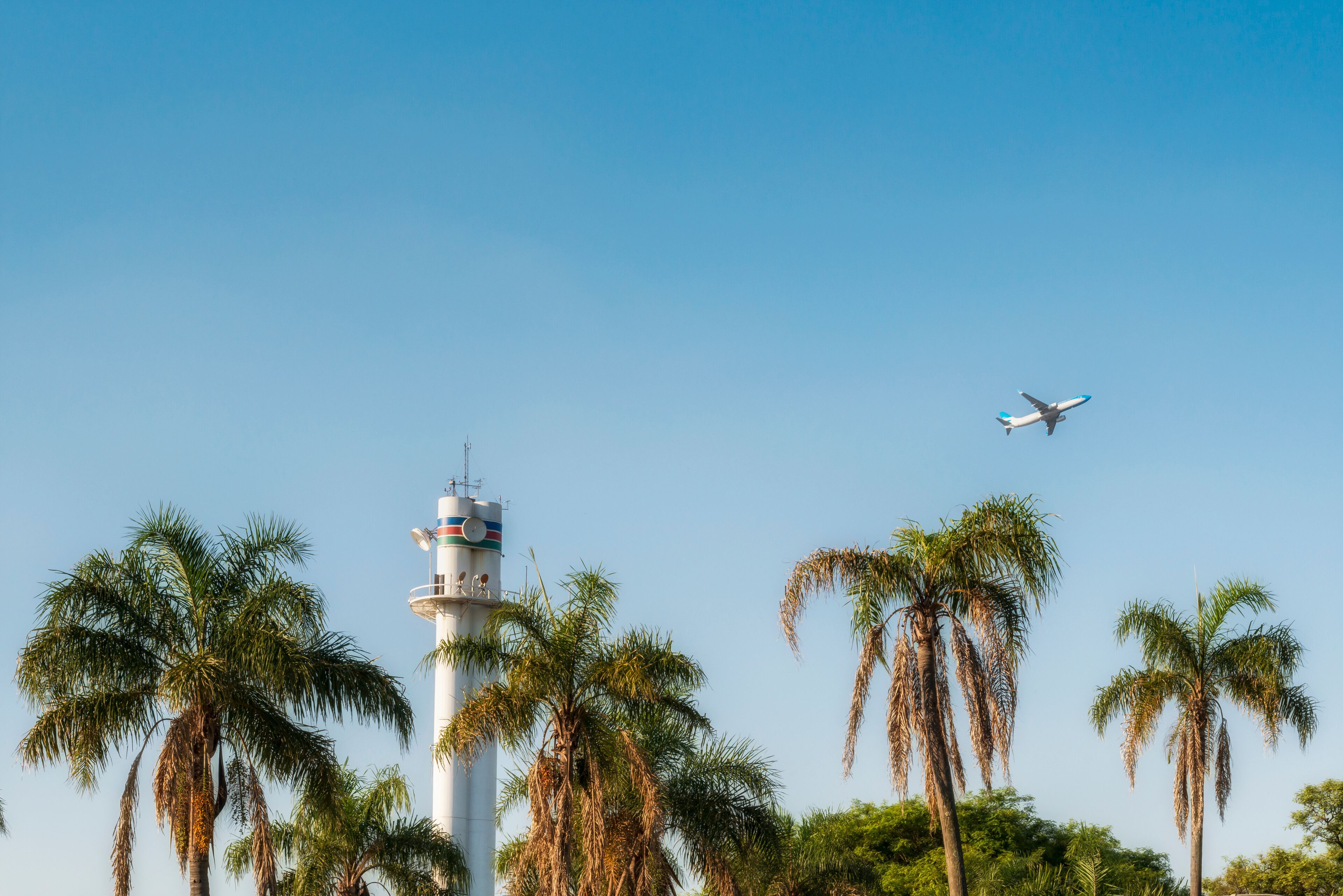 A lighthouse surrounded by palm trees and a clear blue sky with an airplane flying overhead.