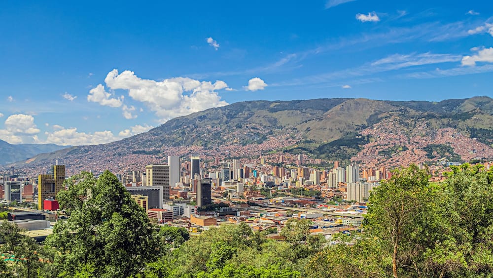 Panoramic of Medellin City with the Coltejer building and downtown at the background