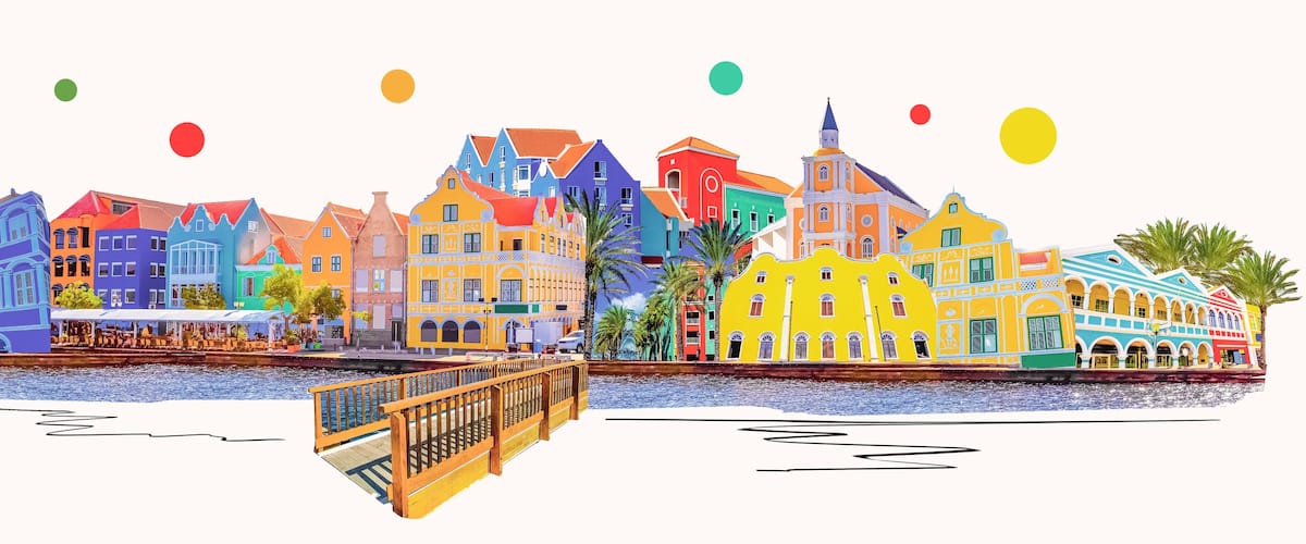 A colorful waterfront cityscape with a variety of buildings, a bridge, and palm trees.