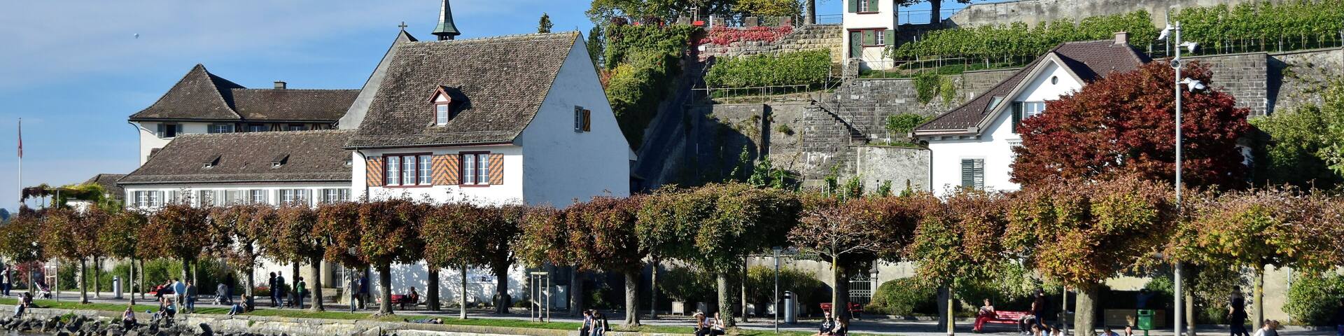 Lakeshore at Endingen in Rapperswil (Switzerland) : Einsiedlerhaus and de:Endingerturm, Lindenhof hill and the castle (Schloss) in the background, as seen from Zürichsee-Schiffahrtsgesellschaft (ZSG) paddle steamer Stadt Zürich on Zürichsee