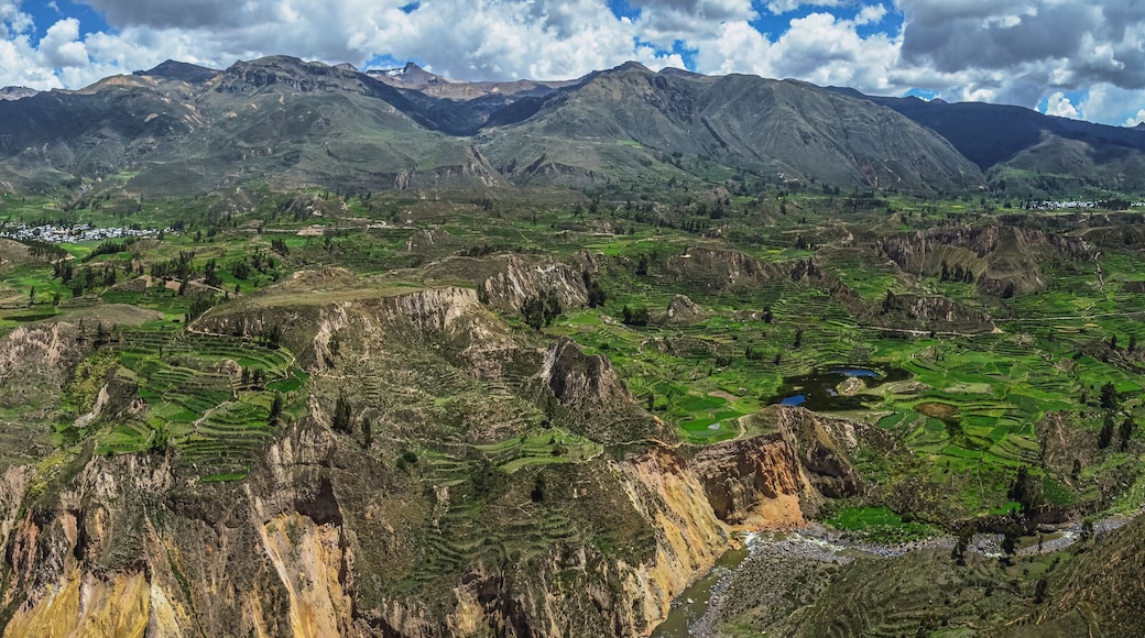 A mountainous landscape with terraced fields and a river.