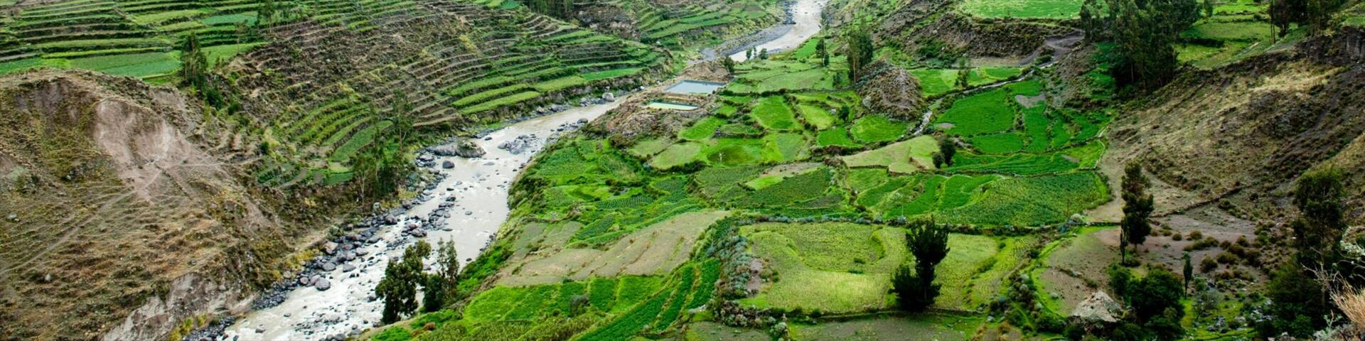 Colca Canyon which includes farmland, landscape views and a river or creek