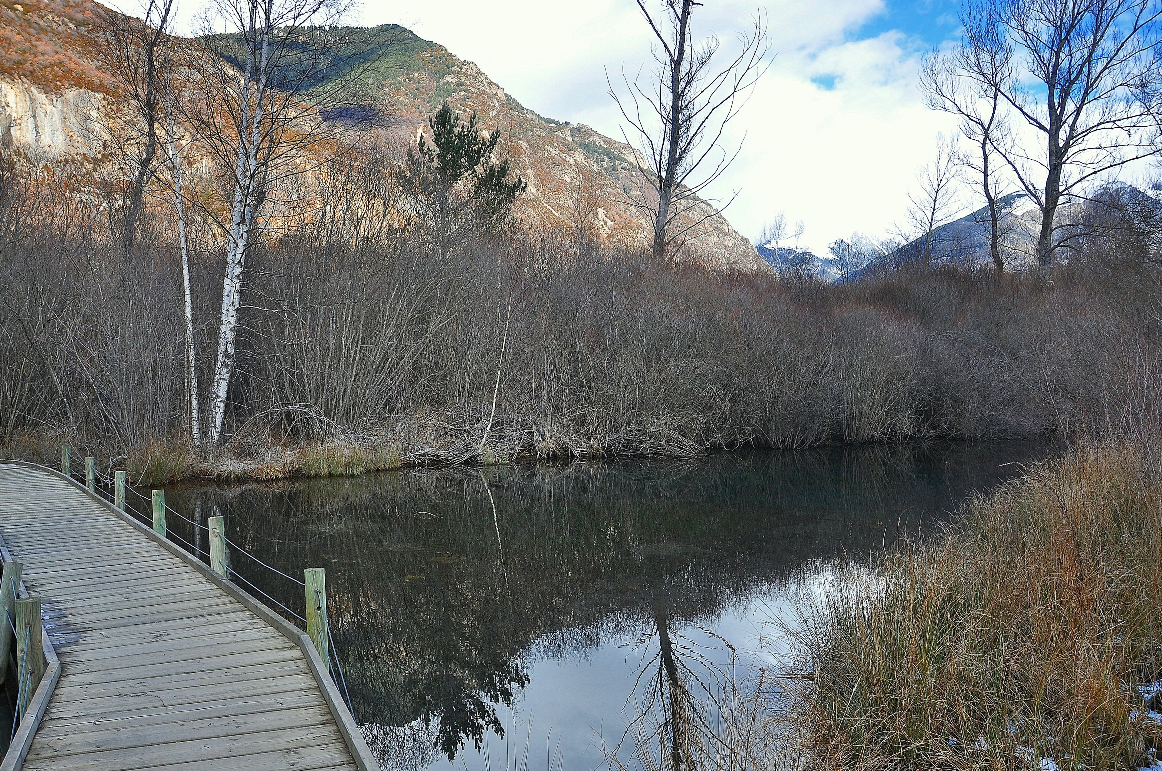 A wooden boardwalk leading to a calm lake surrounded by trees and hills.