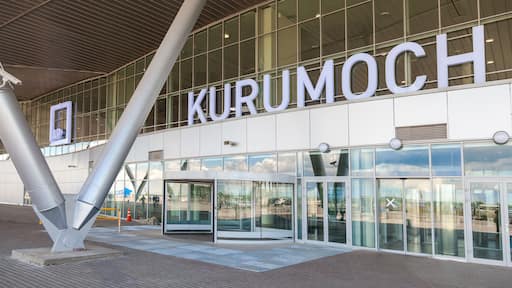 Front view of Kurumoch Airport in summer sunny day