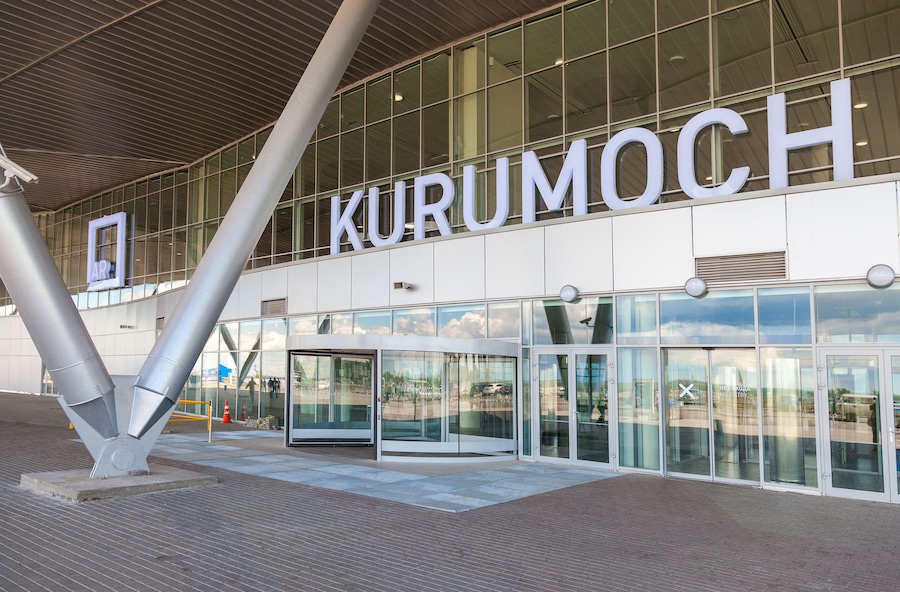 Front view of Kurumoch Airport in summer sunny day
