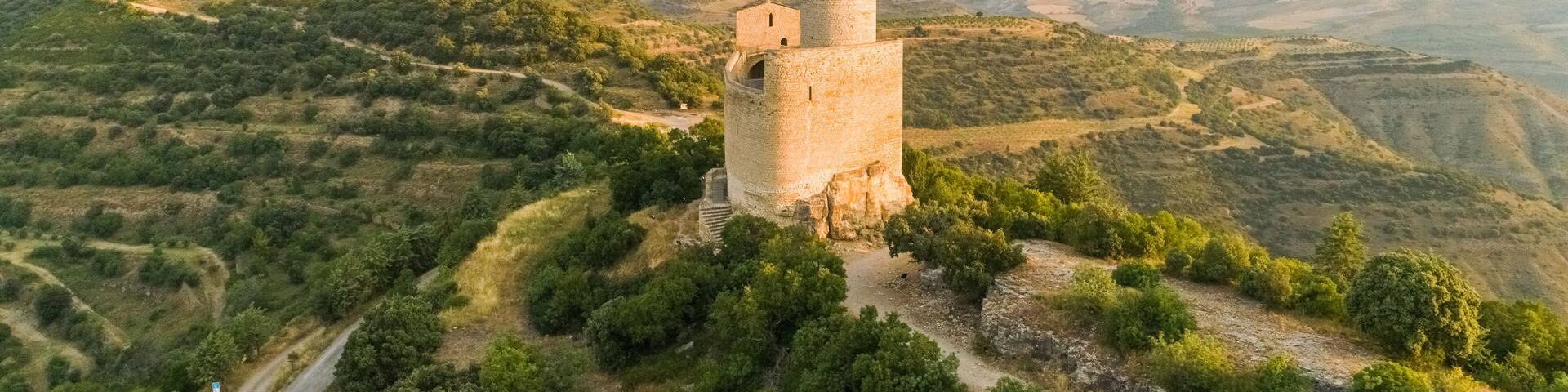 Aerial view of Castell de Mur touristic attraction during the sunset, Spain.