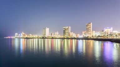 A city skyline at night with illuminated buildings reflecting on calm water.