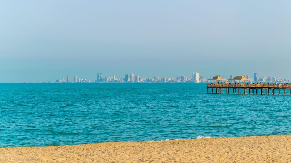 A beach with a pier extending into the water, a city skyline in the background, and a clear sky.