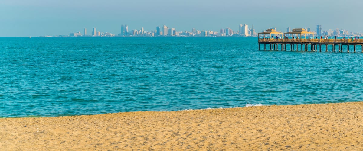 A beach with a pier extending into the water, a city skyline in the background, and a clear sky.