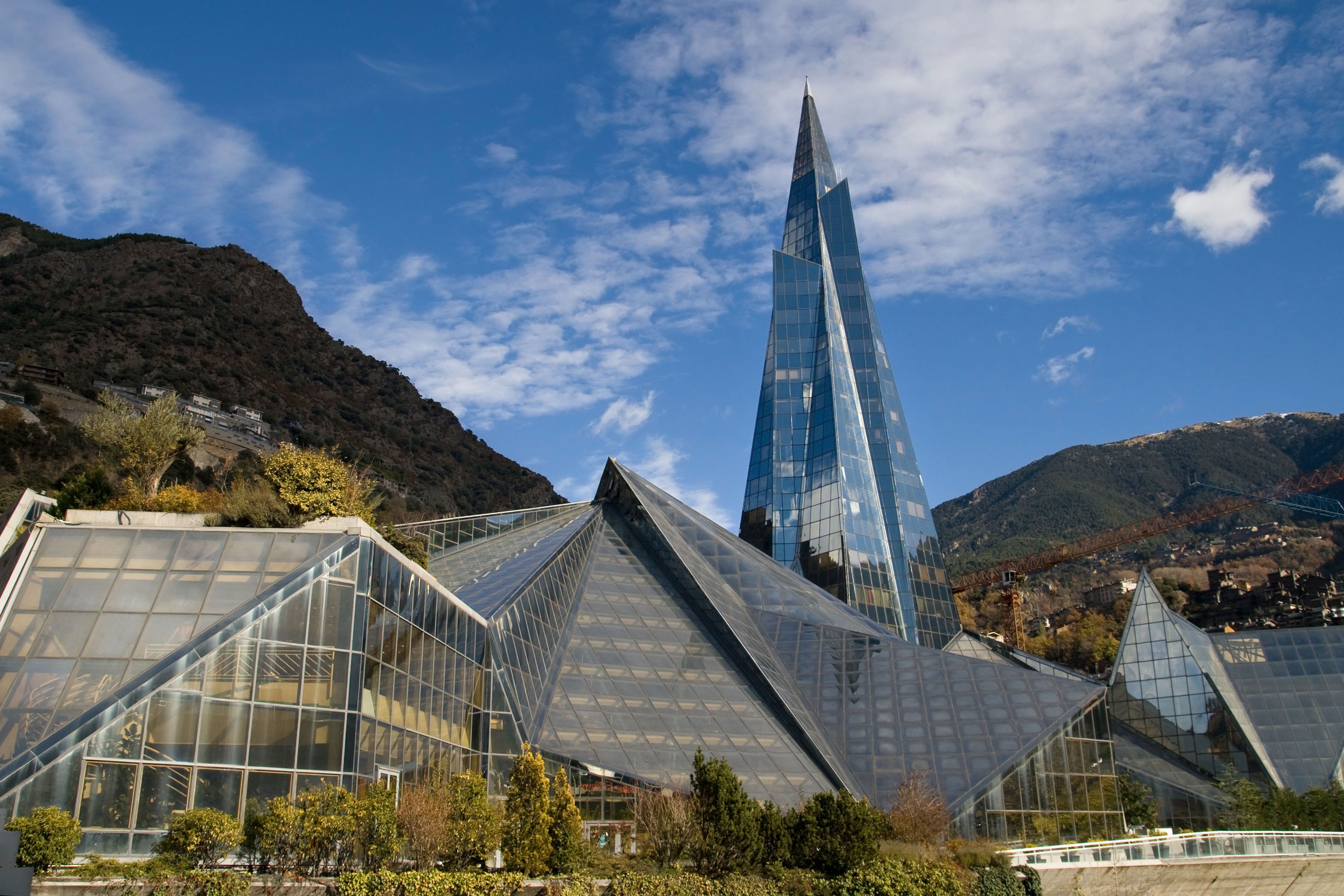 Modern glass pyramid building in Escaldes-Engordany, Andorra.