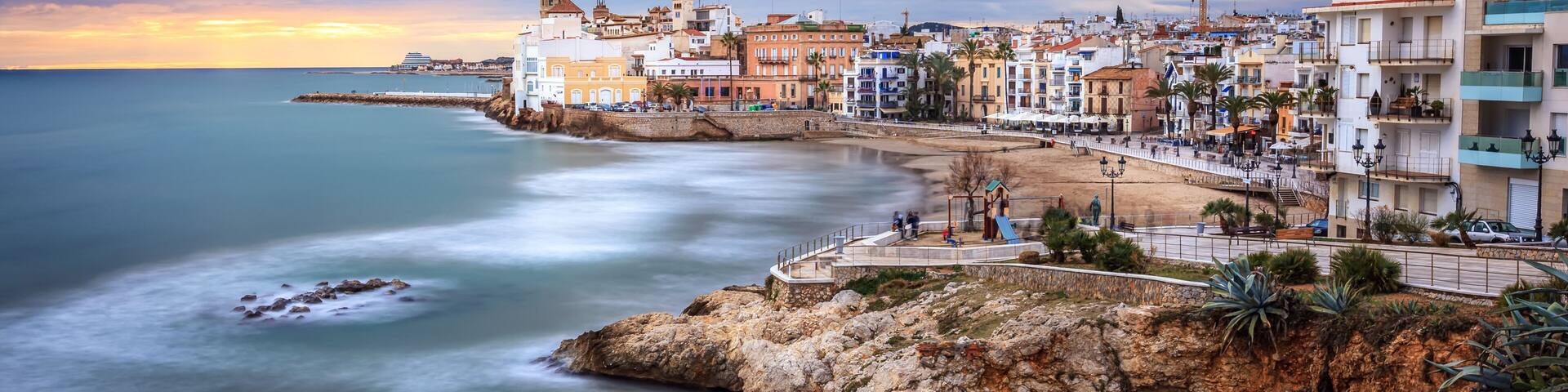 Sunset over Sitges, Catalunya, Spain. Sitges is a famous town near Barcelona, famous for it's nightlife and beaches. It is a gay friendly city.