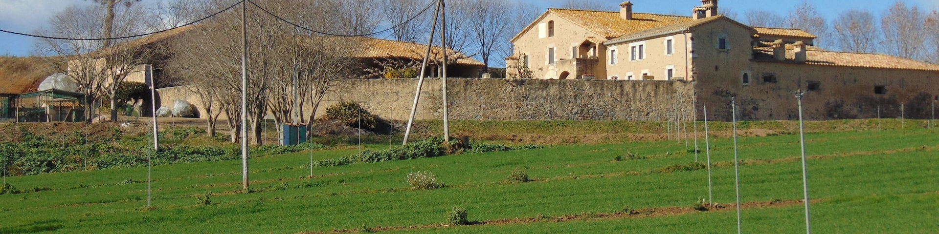 A rural landscape with a large stone wall, a field with green crops, and a traditional building with a tiled roof.