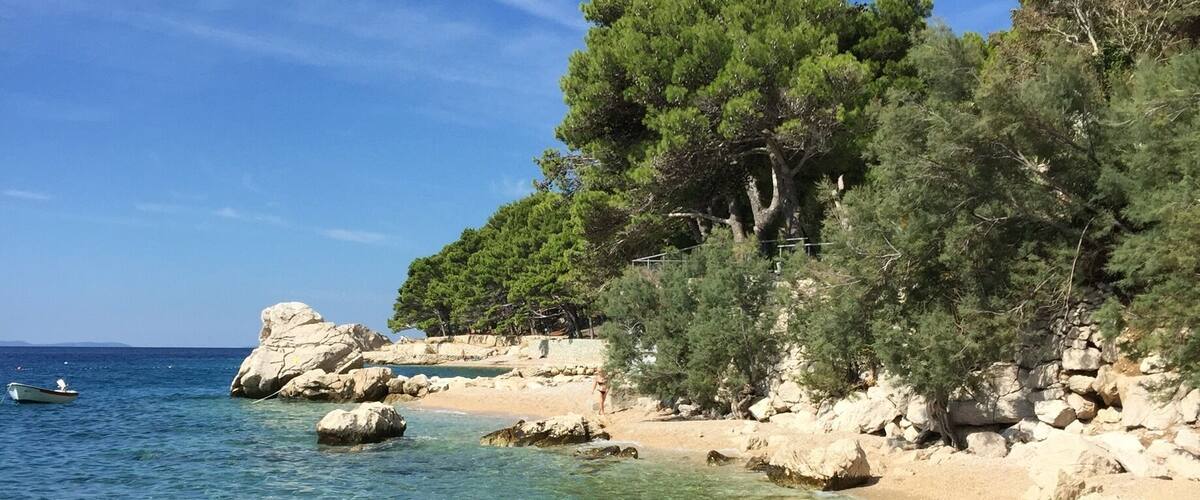 A clear coastal beach with rocky outcrops and dense green trees.