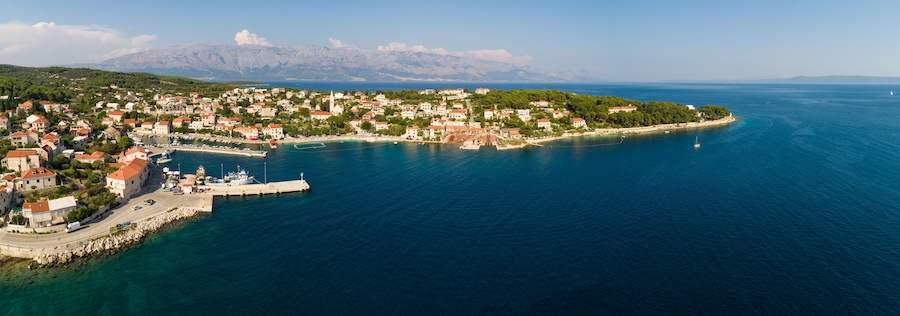 Panoramic aerial view of Sumartin coastal line during the summer, Croatia.