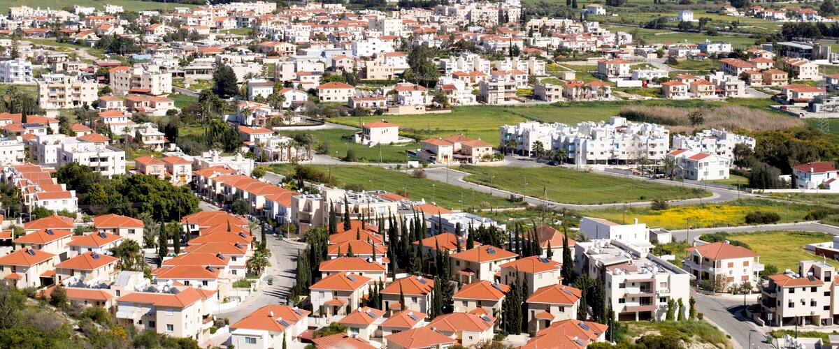 Landscape from a hill looking Voroklini village in Cyprus and blue sky