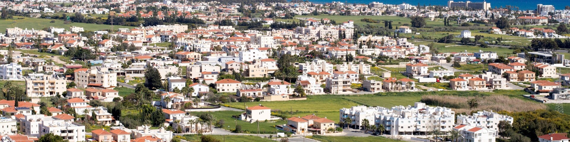 Landscape from a hill looking Voroklini village in Cyprus and blue sky