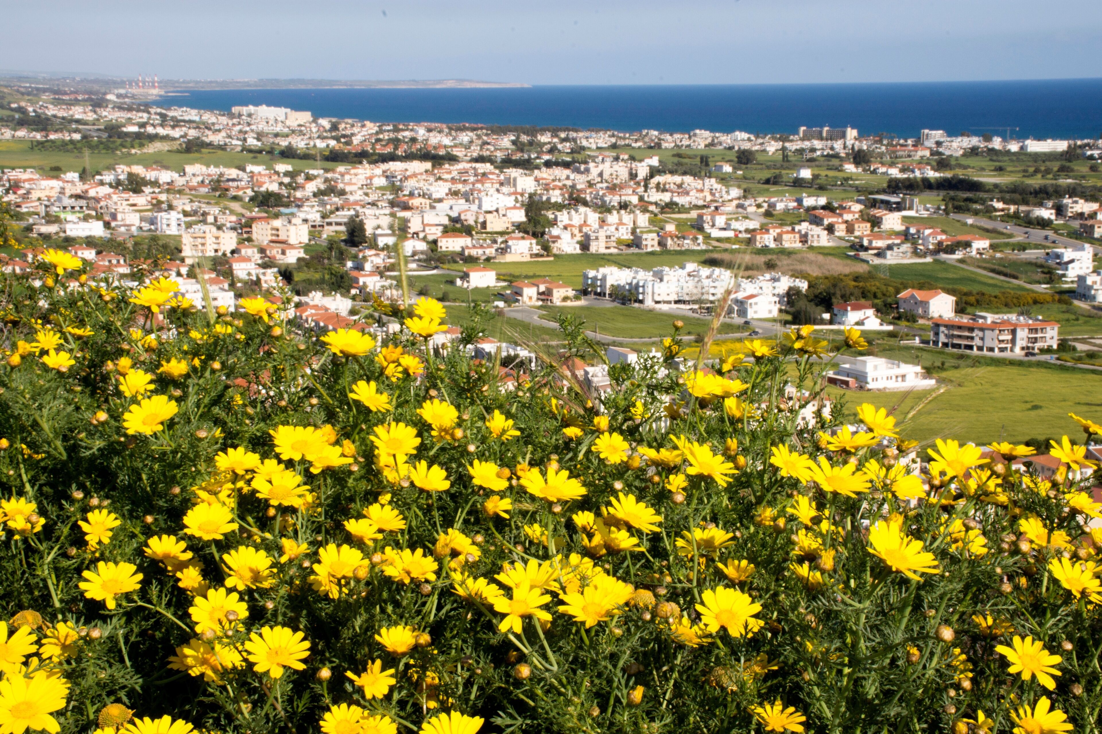 Landscape from a hill looking Voroklini village in Cyprus and blue sky