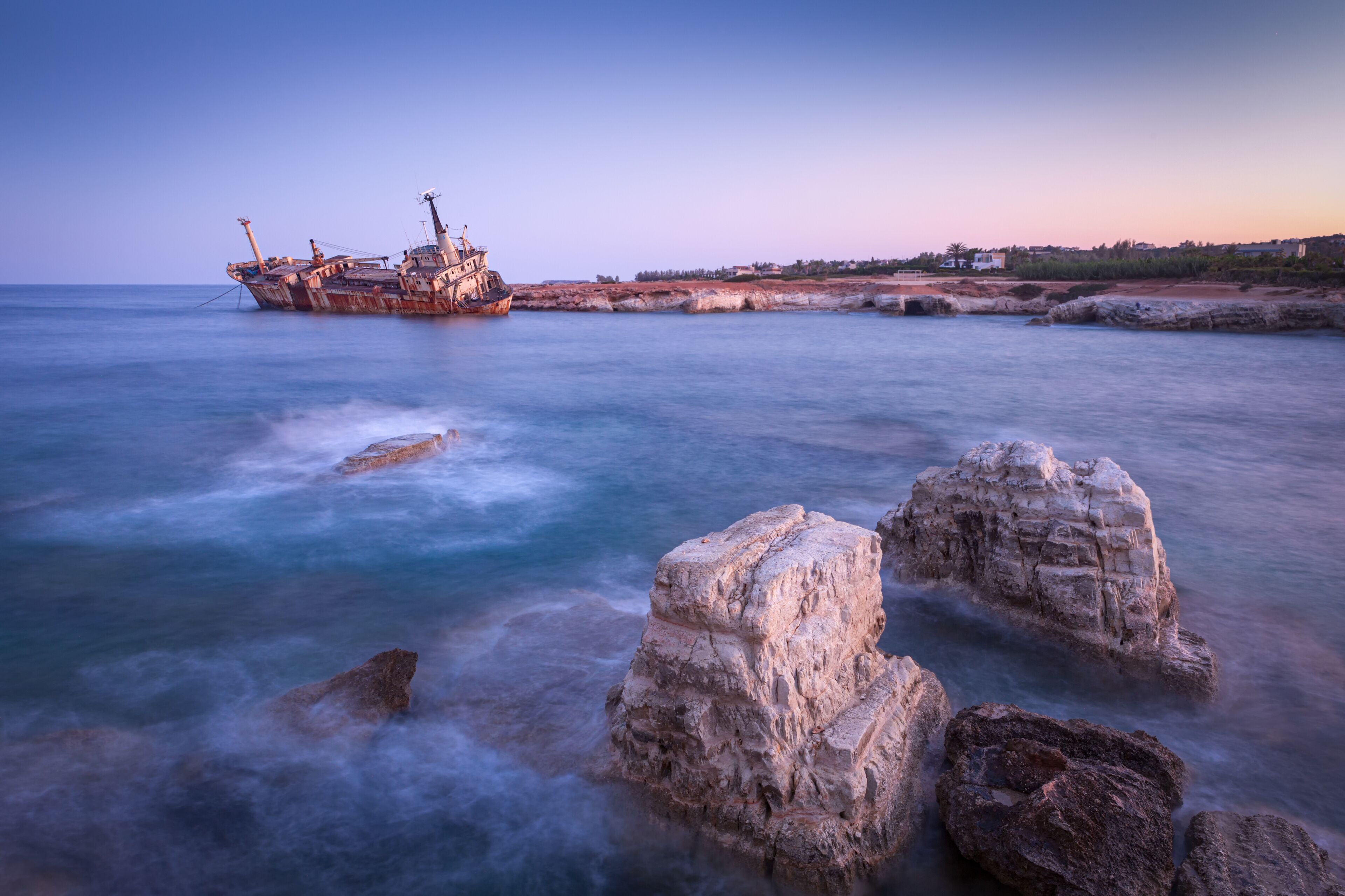 Abandoned rusty ship Edro III near Pegeia, Paphos, Cyprus at sunrise