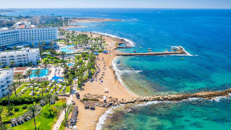 Panoramic view of the coastal resort in Geroskipou area, Paphos. Cyprus
