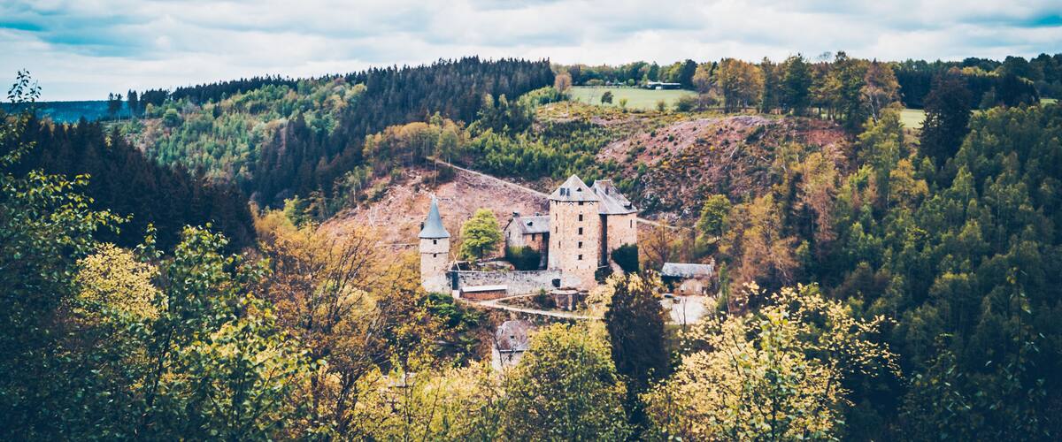 A castle surrounded by forested hills and a body of water in the distance.