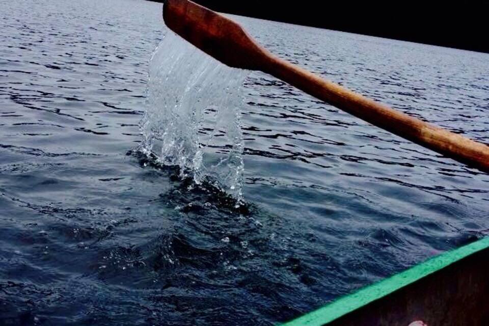 Une pagaie en bois dans l’eau, un bateau peint en vert et, au loin, une colline boisée.