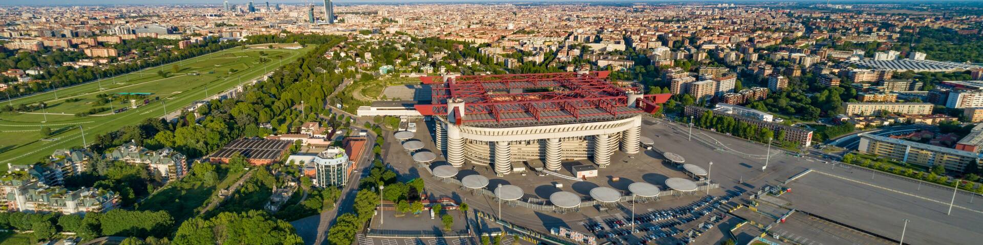 Aerial panoramic view of Milan (Italy) cityscape with the soccer stadium, known as San Siro Stadium