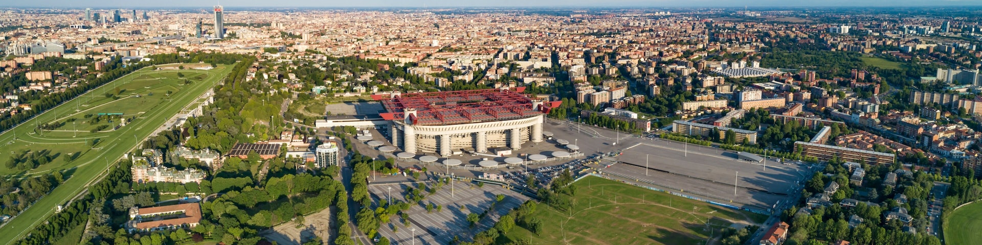 Aerial panoramic view of Milan (Italy) cityscape with the soccer stadium, known as San Siro Stadium