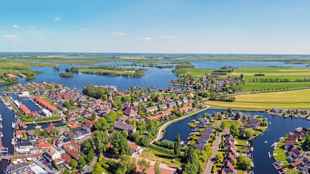 Aerial panorama from the touristic watersport town Terherne at the Sneekermeer in Friesland the Netherlands