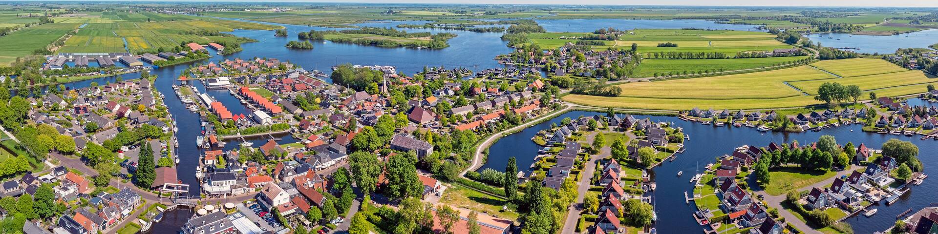 Aerial panorama from the touristic watersport town Terherne at the Sneekermeer in Friesland the Netherlands