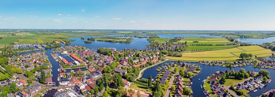 Aerial panorama from the touristic watersport town Terherne at the Sneekermeer in Friesland the Netherlands