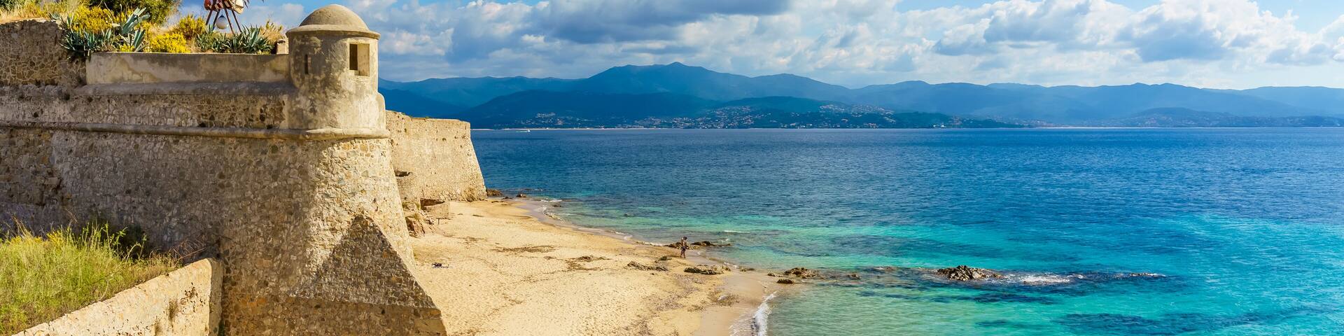 Landscape with Saint Francois beach and old citadel in Ajaccio, Corsica